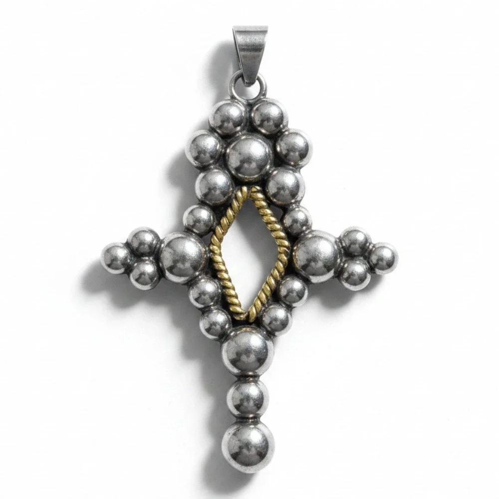 Mexico Pendant 925 Sterling Silver Large Silver Gold Tone Beaded Cross
